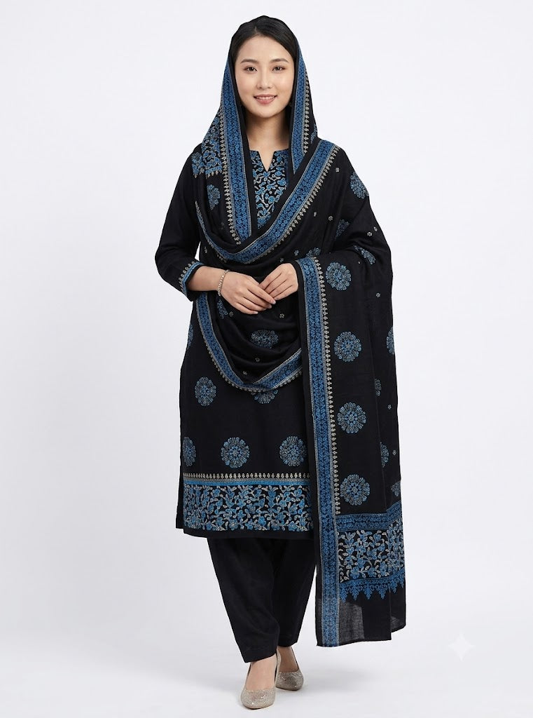 Premium Block Print Three Piece Set for Women | VIP Cotton Voile | Full Sleeve Kurti with Tassel Dupatta