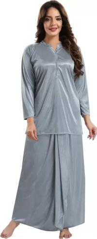 Premium Satin Night Suit – Elegant Long-Sleeve Top & Loungewear Lungi Set