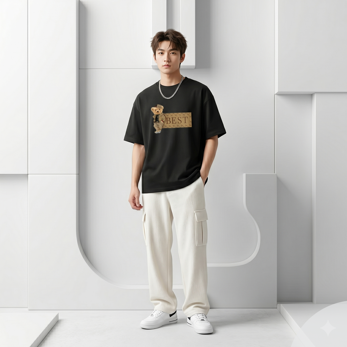 Whoim Signature Bear Graphic Drop Shoulder T-Shirt