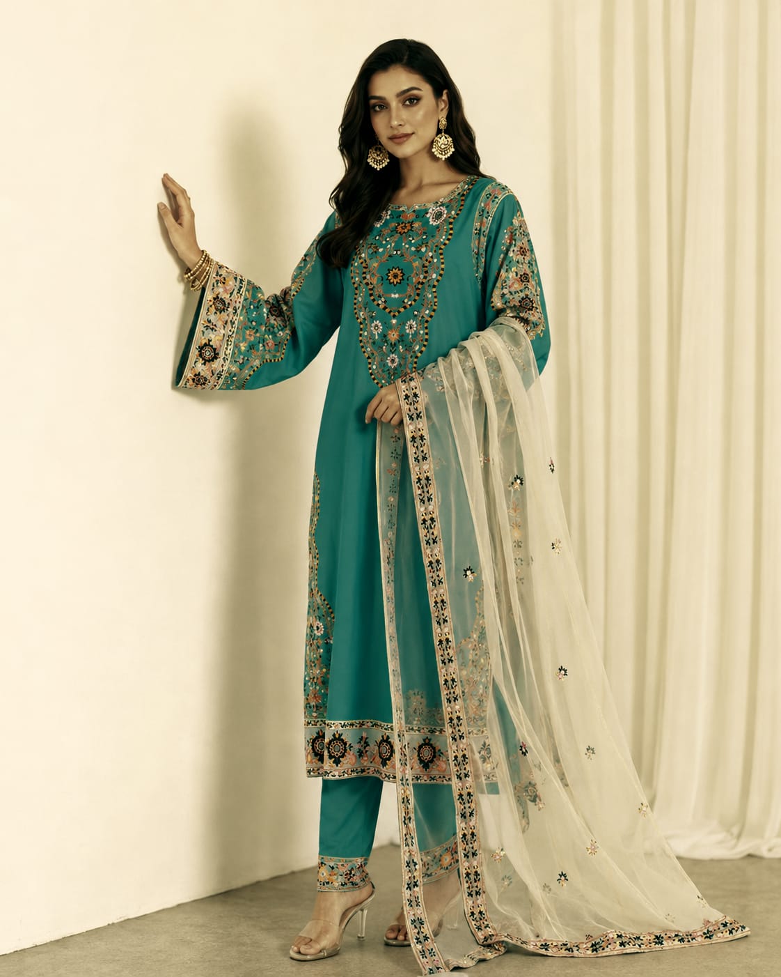 Women's Embroidered Three Piece Set | Micro Stitch Kameez & Pant with Organza Embroidered Dupatta