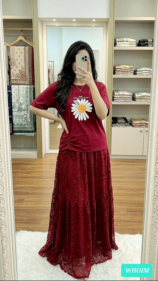 Women's Cotton T-Shirt & Indian Georgette Skirt Set | Stylish Casual Co-Ord Outfit