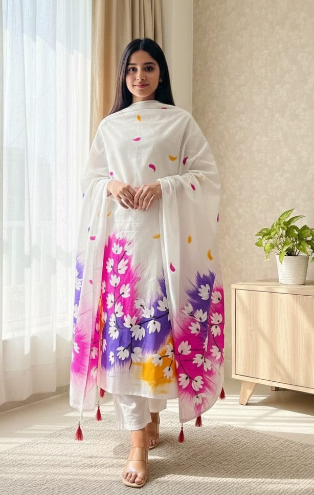 Premium Block Print Three Piece Set for Women | VIP Cotton Voile | Hand Print Work | Full Sleeve Kurti