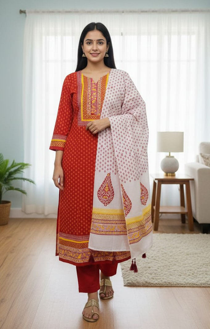 Premium Block Print Three Piece Set for Women | Hand Print Cotton Salwar Kameez with Tassel Dupatta