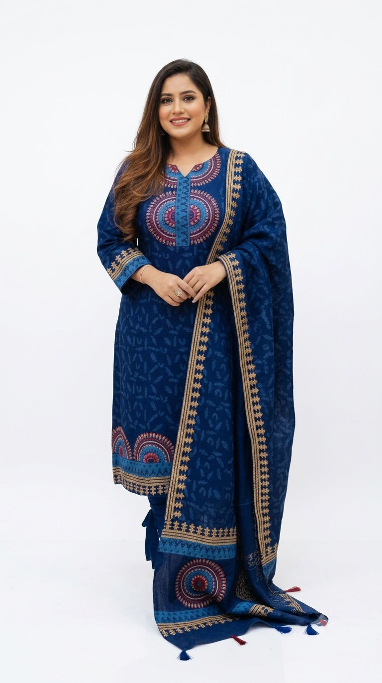 Premium Block Print Three Piece Set for Women | Hand Print Cotton Salwar Kameez with Tassel Dupatta