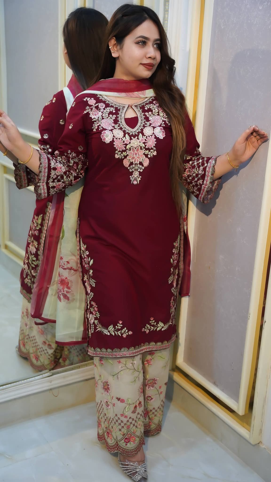 Maroon Embroidered Garara Dress Set for Women | Cotton Kameez, Garara & Digital Print Orna |