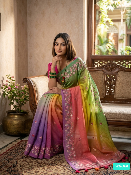 WHOIM Multicolor Japani Silk Saree with Blouse Piece