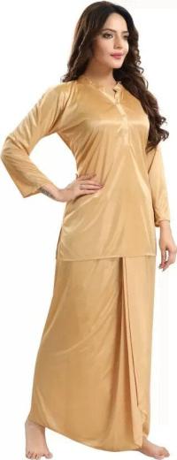 Premium Satin Night Suit – Elegant Long-Sleeve Top & Loungewear Lungi Set