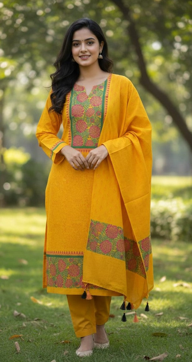Women's Block Print Three Piece Set | VIP Cotton Voile Hand Print Salwar Kameez with Dupatta