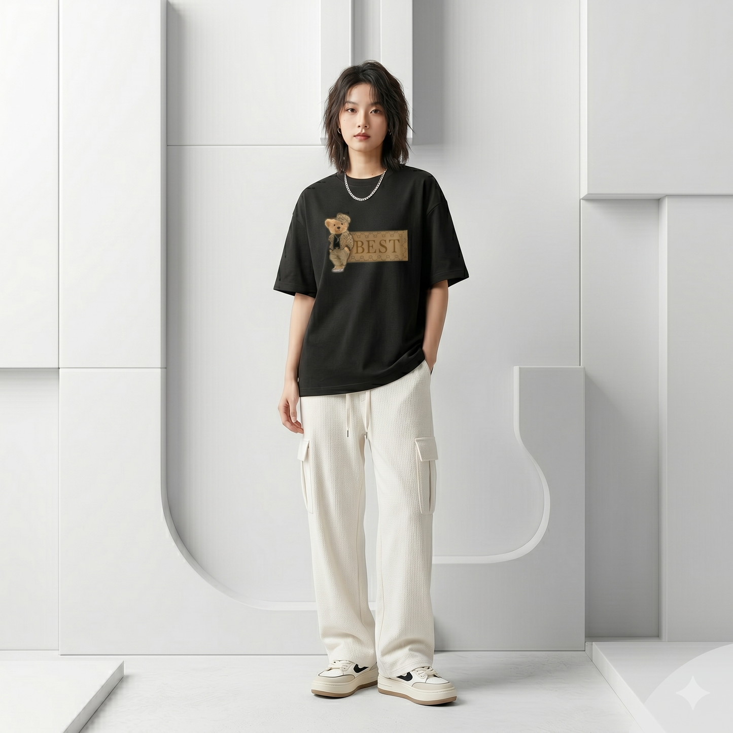 Whoim Signature Bear Graphic Drop Shoulder T-Shirt for Woman