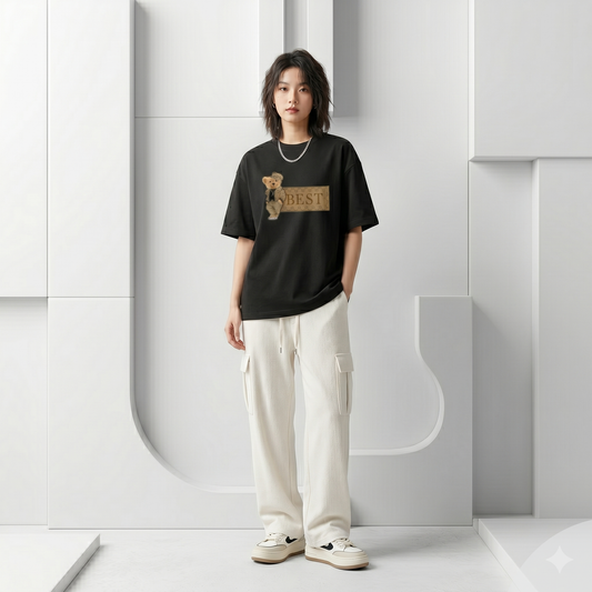 Whoim Signature Bear Graphic Drop Shoulder T-Shirt for Woman