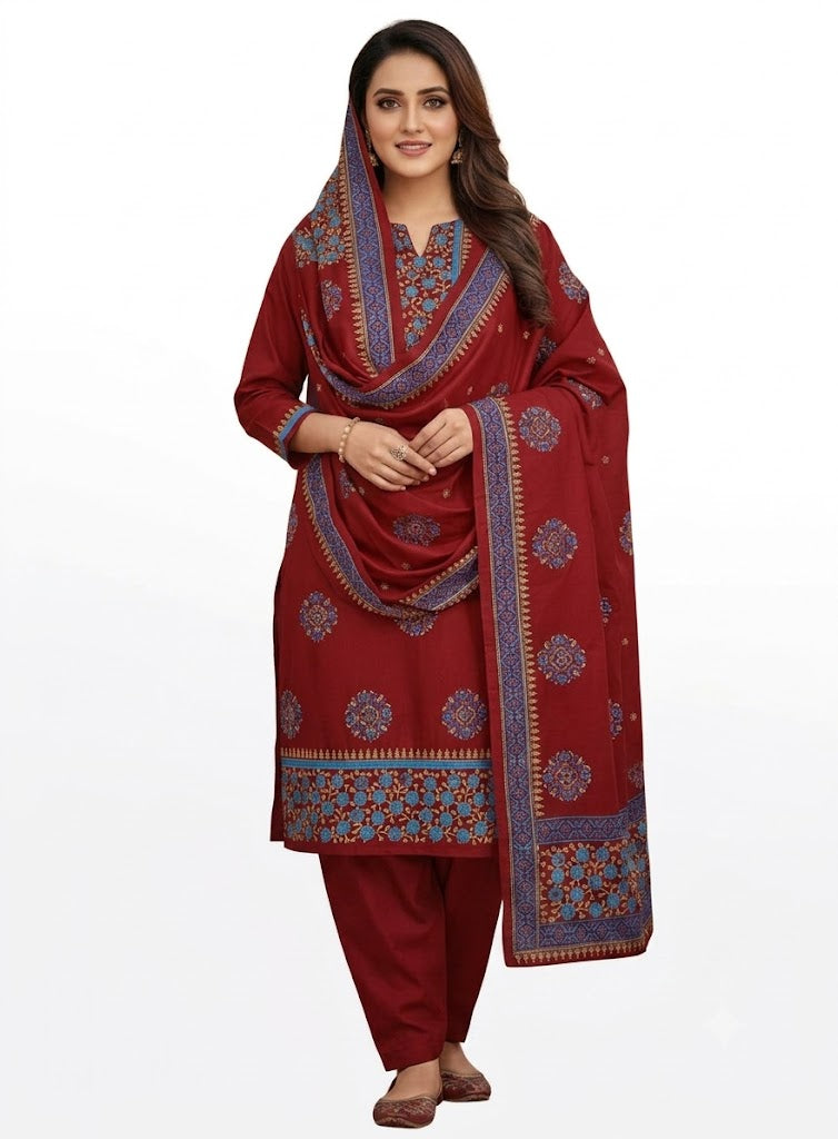 Premium Block Print Three Piece Set for Women | VIP Cotton Voile | Full Sleeve Kurti with Tassel Dupatta