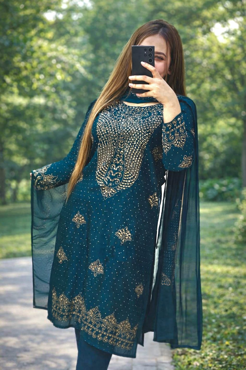 Women's Heavy Stone Work Three Piece Set | AC Cotton Dress with Chiffon Georgette Dupatta
