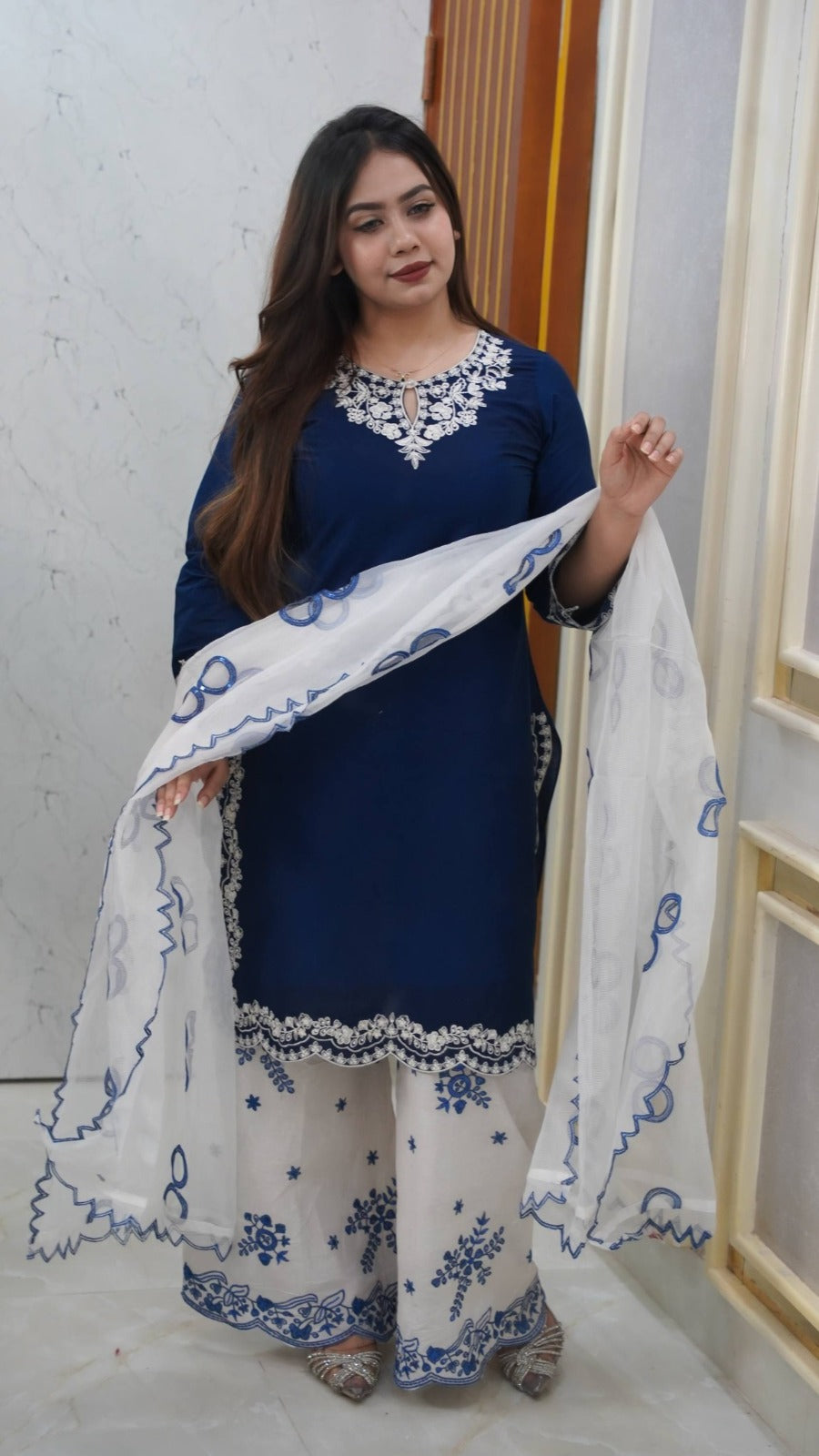 Blue & White Embroidered Garara Dress Set for Women | Cotton Kameez, Garara & Embroidered Orna |