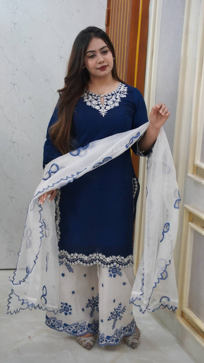 Blue & White Embroidered Garara Dress Set for Women | Cotton Kameez, Garara & Embroidered Orna |