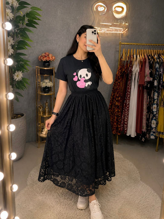Women's Cotton T-Shirt & Indian Georgette Skirt Set | Stylish Casual Co-Ord Outfit