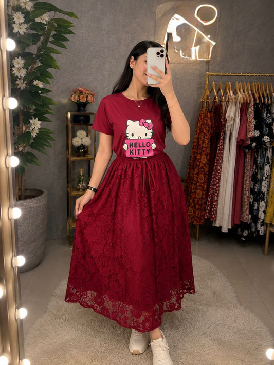 Women's Cotton T-Shirt & Indian Georgette Skirt Set | Stylish Casual Co-Ord Outfit