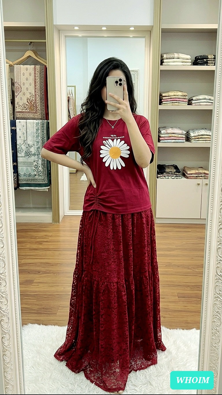 Women's Cotton T-Shirt & Indian Georgette Skirt Set | Stylish Casual Co-Ord Outfit