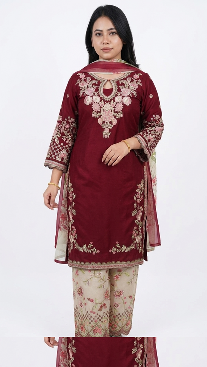 Maroon Embroidered Garara Dress Set for Women | Cotton Kameez, Garara & Digital Print Orna |
