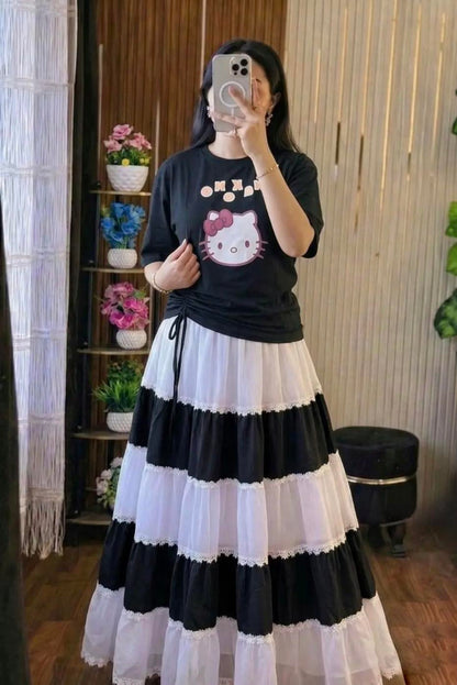 Stylish Women's Skirt and T-Shirt Set | Cotton Tee & Indian Georgette Skirt