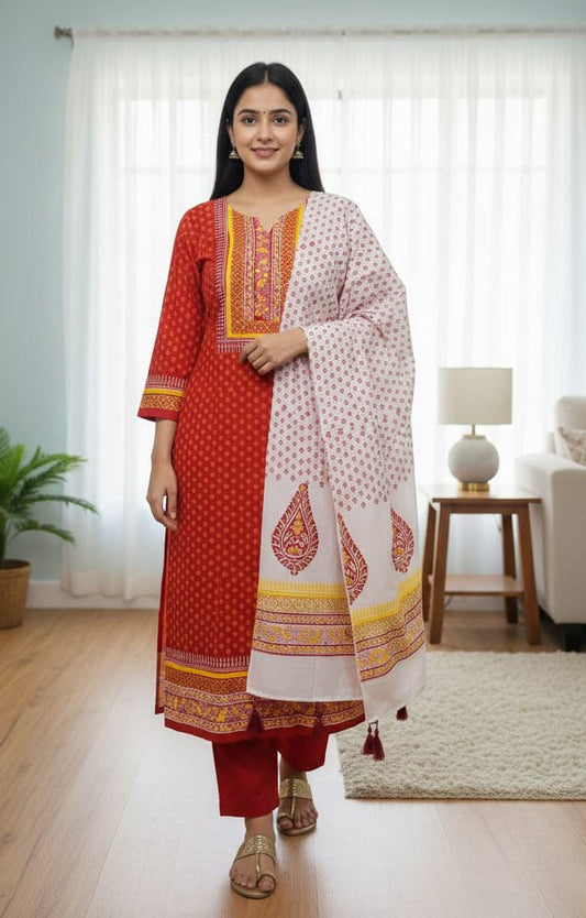 Premium Block Print Three Piece Set for Women | Hand Print Cotton Salwar Kameez with Tassel Dupatta