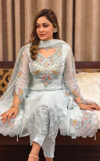 Premium Sada Bahar Pakistani Embroidered 4 Piece Suit for Women | Tissue Laser Cut | XL-XXL