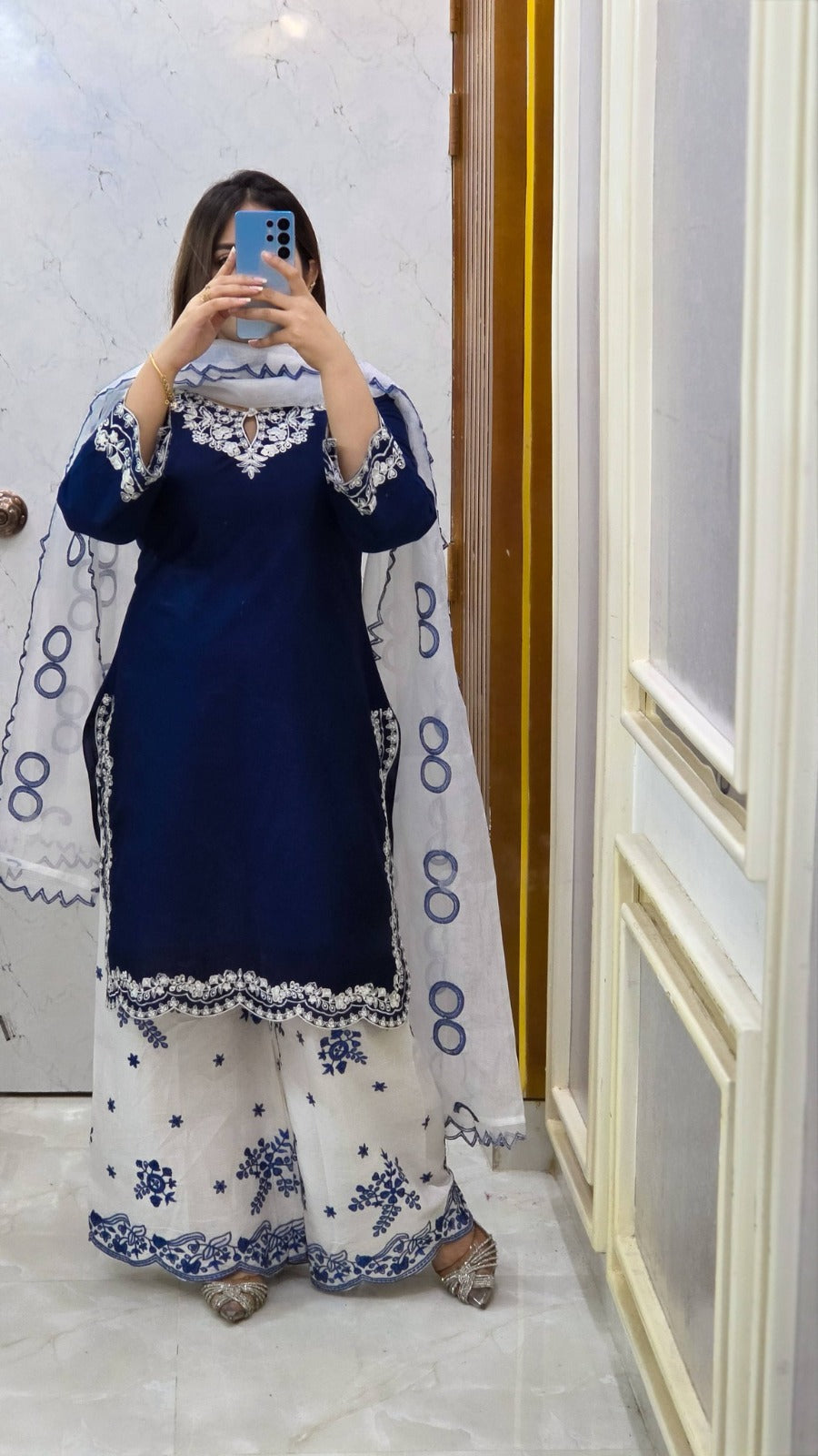 Blue & White Embroidered Garara Dress Set for Women | Cotton Kameez, Garara & Embroidered Orna |
