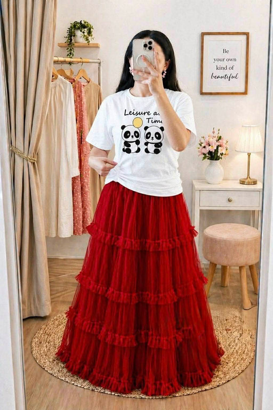 Premium Cotton T-Shirt & Soft Net Skirt Set for Women | Stylish Casual Outfit