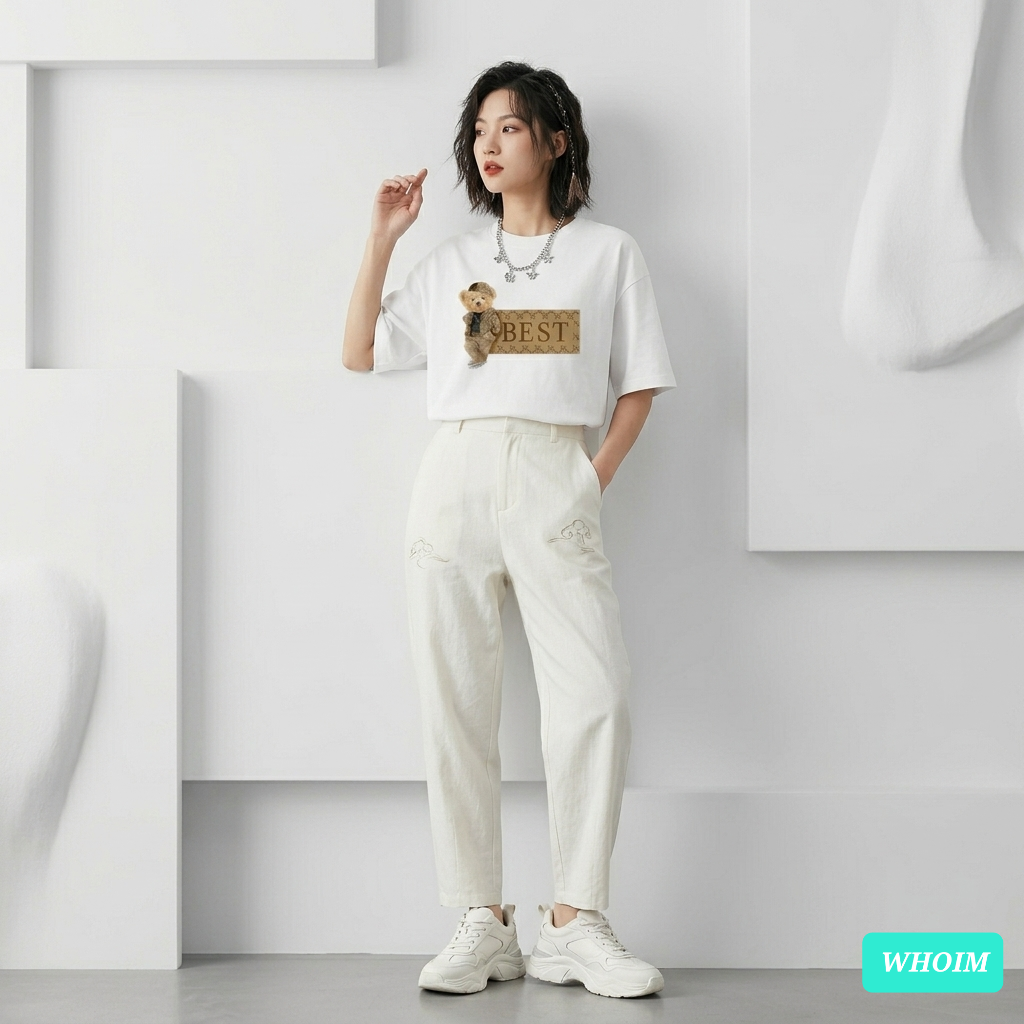 Whoim Drop Shoulder T-Shirt: Signature Bear Print (Woman)