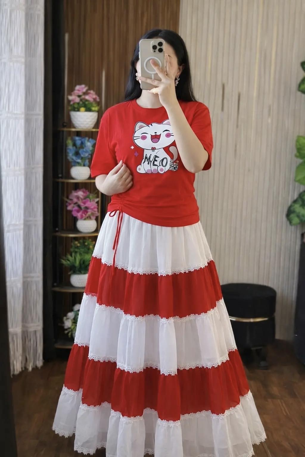 Stylish Women's Skirt and T-Shirt Set | Cotton Tee & Indian Georgette Skirt