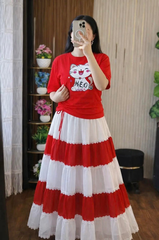 Stylish Women's Skirt and T-Shirt Set | Cotton Tee & Indian Georgette Skirt