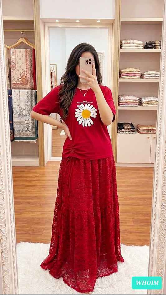 Women's Cotton T-Shirt & Indian Georgette Skirt Set | Stylish Casual Co-Ord Outfit