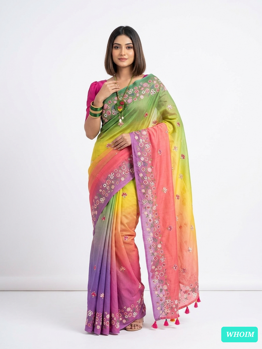 WHOIM Multicolor Japani Silk Saree with Blouse Piece