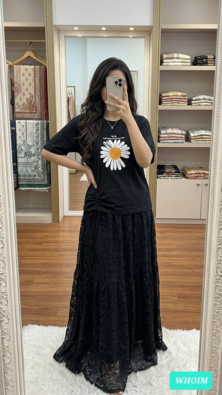 Women's Cotton T-Shirt & Indian Georgette Skirt Set | Stylish Casual Co-Ord Outfit