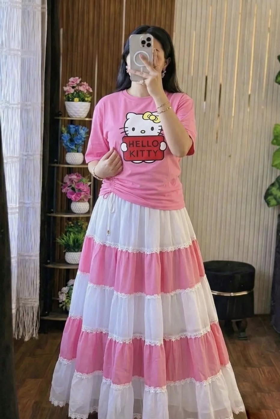 Stylish Women's Skirt and T-Shirt Set | Cotton Tee & Indian Georgette Skirt