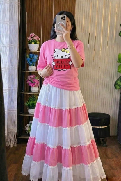 Stylish Women's Skirt and T-Shirt Set | Cotton Tee & Indian Georgette Skirt
