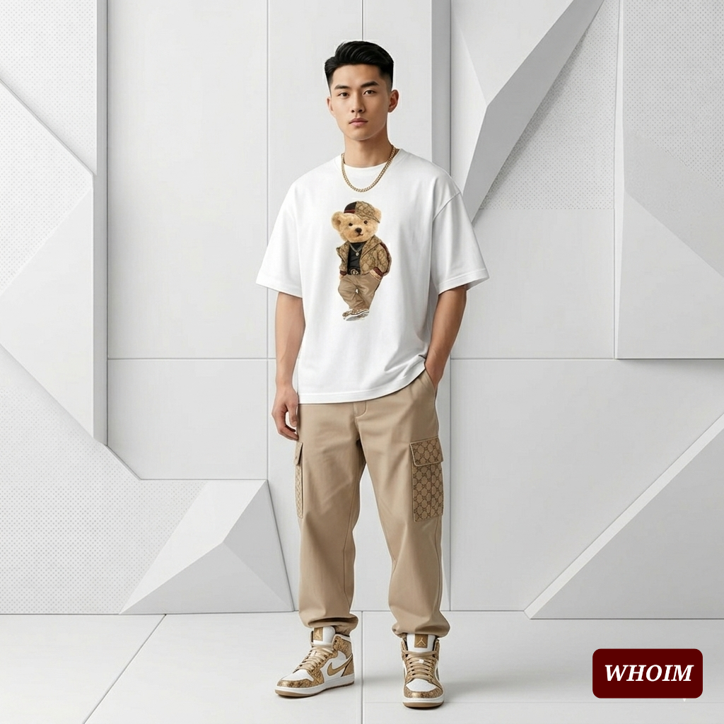 Whoim Abstract-Grid Oversized Drop-Shoulder Tee for Men