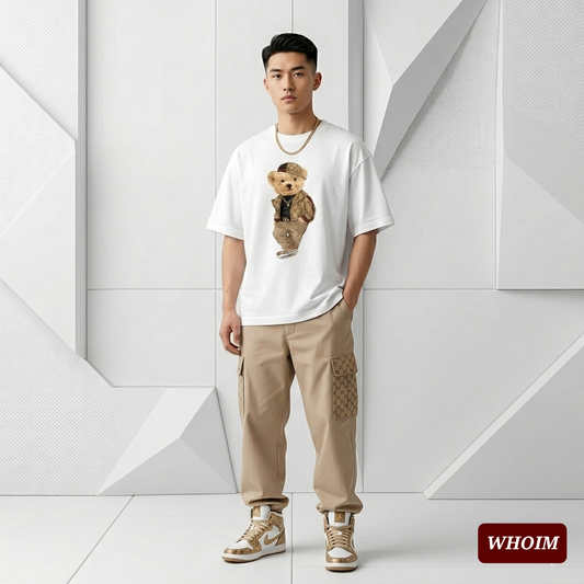 Whoim Abstract-Grid Oversized Drop-Shoulder Tee for Men