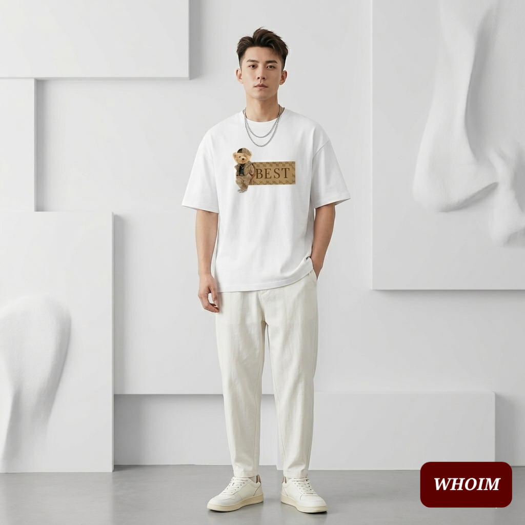 Whoim Drop Shoulder T-Shirt: Signature Bear Print (Man)