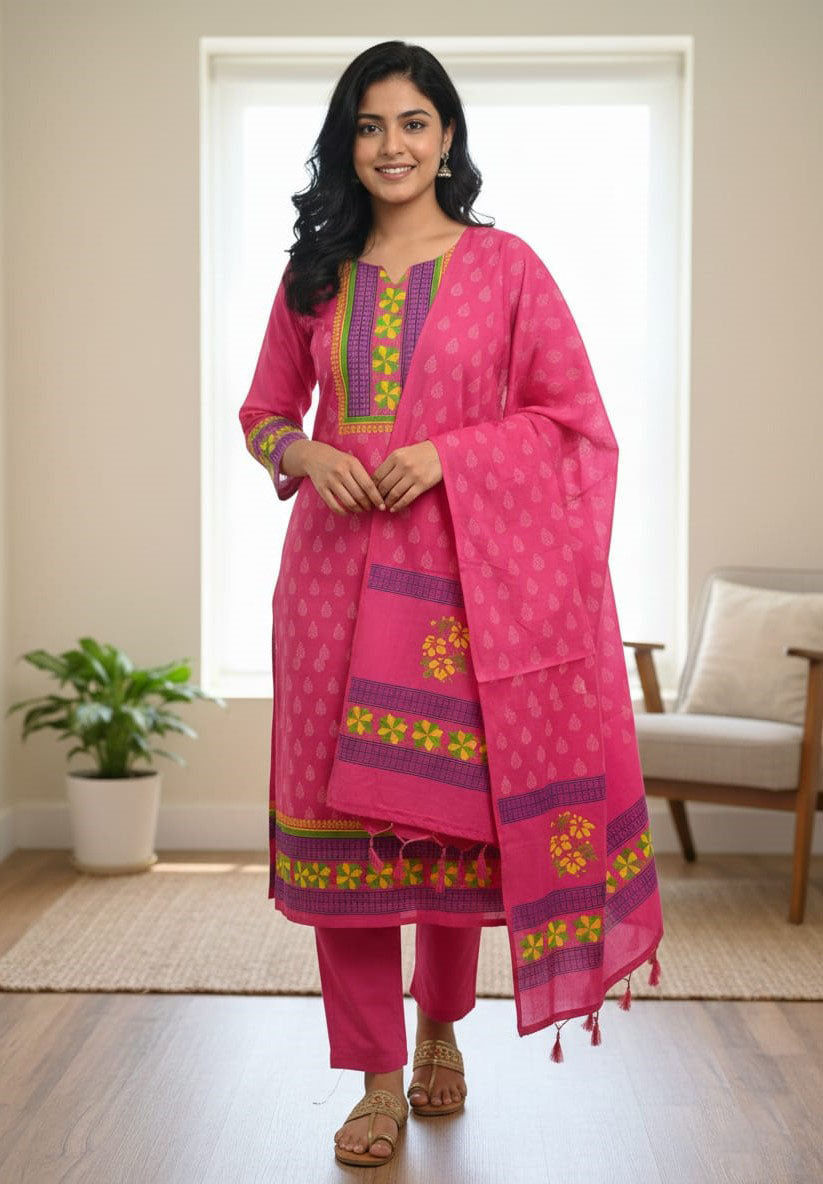 Premium Block Print Three Piece Set for Women | Hand Print Cotton Salwar Kameez with Tassel Dupatta