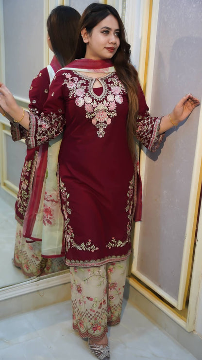 Maroon Embroidered Garara Dress Set for Women | Cotton Kameez, Garara & Digital Print Orna |