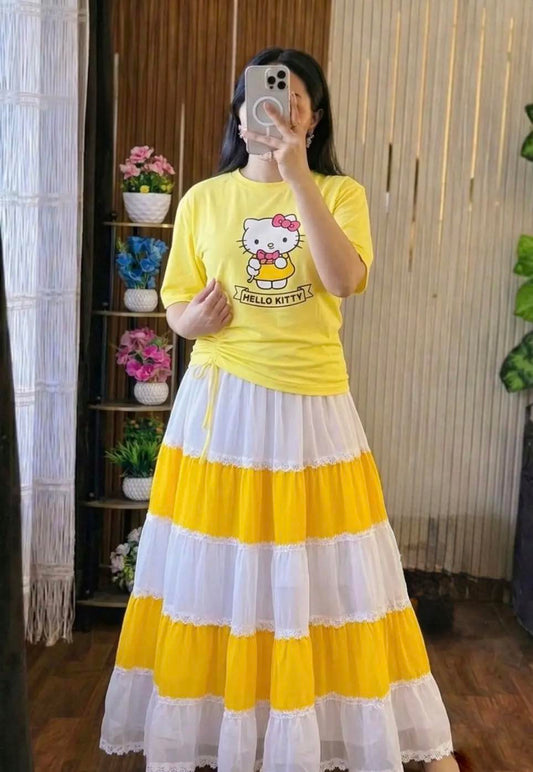 Stylish Women's Skirt and T-Shirt Set | Cotton Tee & Indian Georgette Skirt