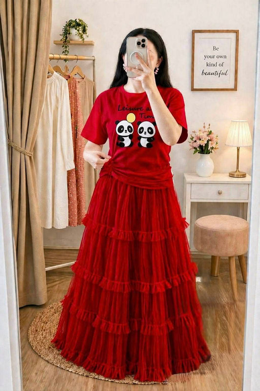Premium Cotton T-Shirt & Soft Net Skirt Set for Women | Stylish Casual Outfit