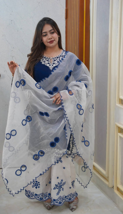 Blue & White Embroidered Garara Dress Set for Women | Cotton Kameez, Garara & Embroidered Orna |